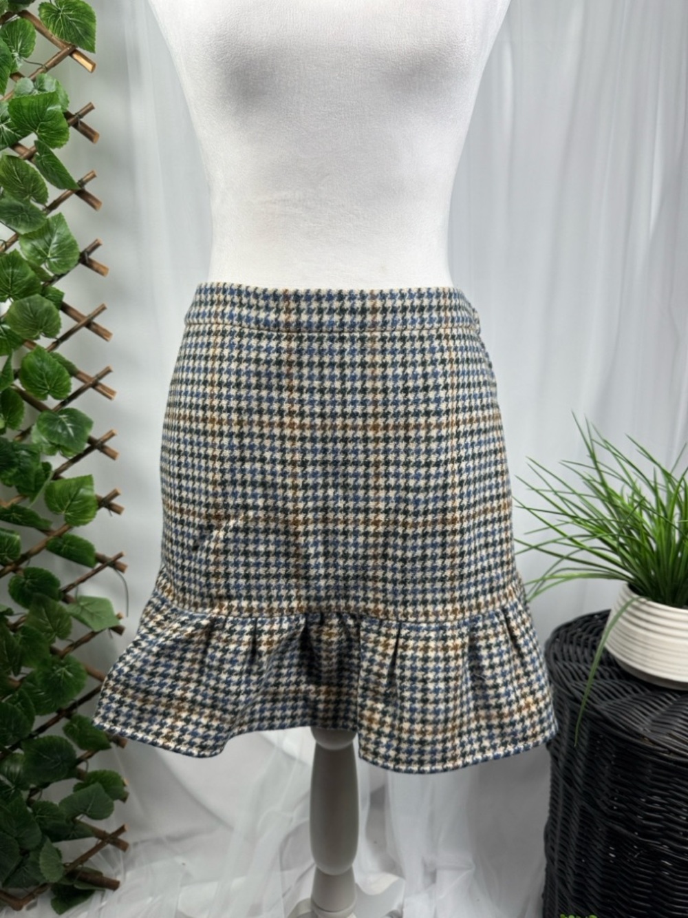 J. Crew Plaid Houndstooth Ruffle-Hem Mini Skirt in Blue and Tan
